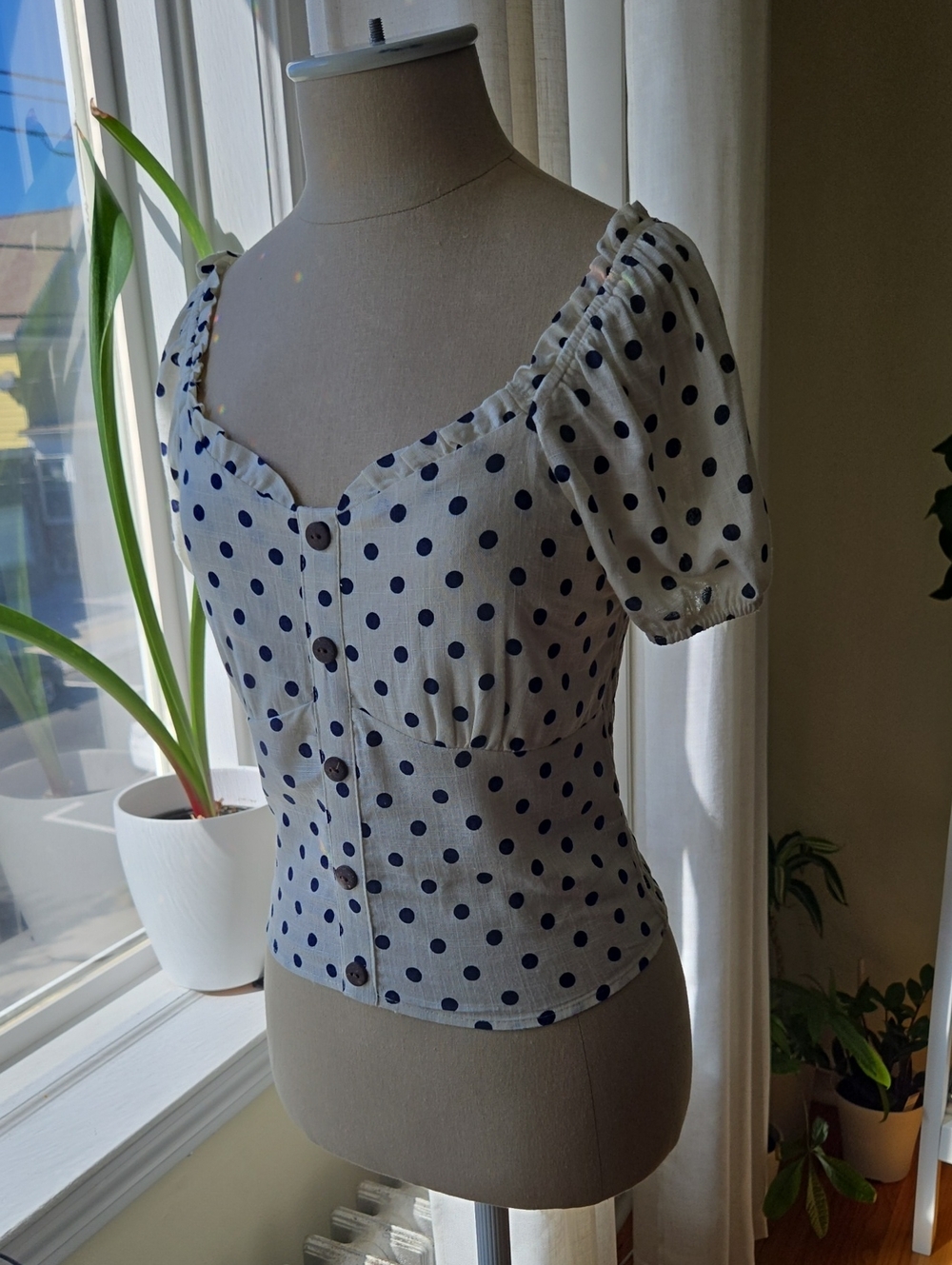 Monteau White Top with Navy Polka Dots and Puff Sleeves